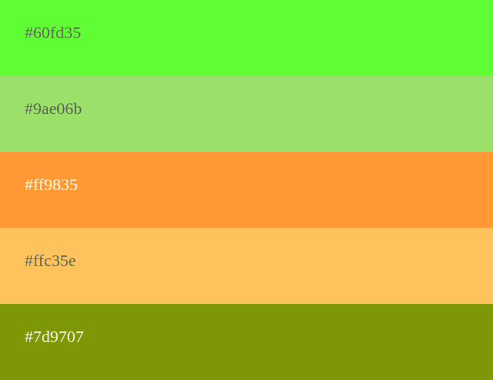 Palette de couleurs chaudes vert et orange