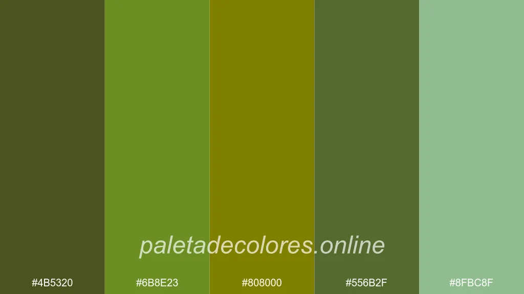 Uma paleta análoga com cores adjacentes ao verde militar no círculo cromático.
