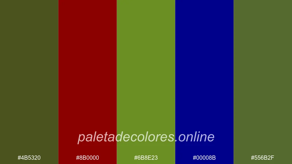 Uma paleta que apresenta verde militar e sua cor complementar, marrom-avermelhado.